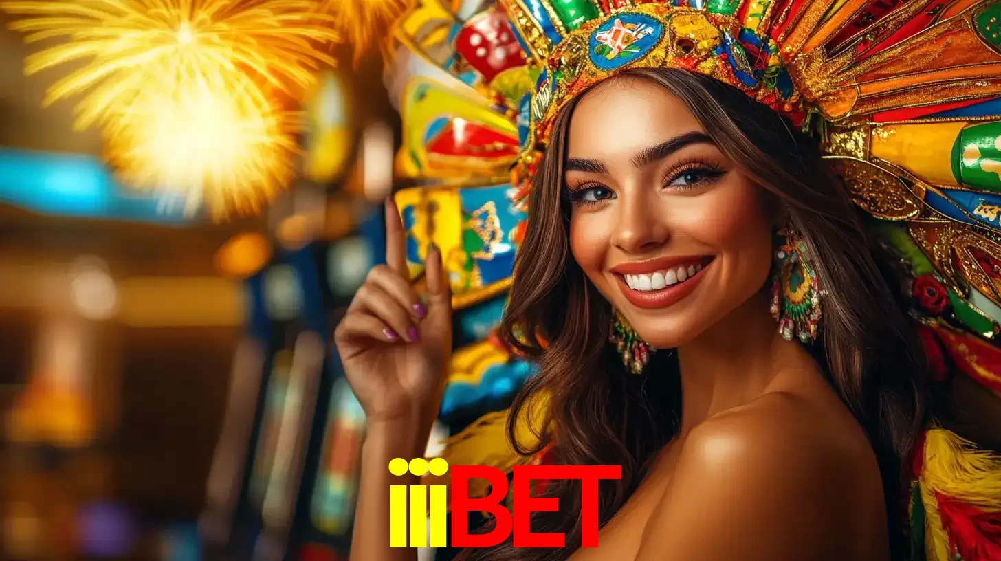 Mulher sorridente com um cocar de carnaval vibrante e colorido, celebrando uma grande vitória nos jogos do cassino iiibet com fogos de artifício ao fundo.