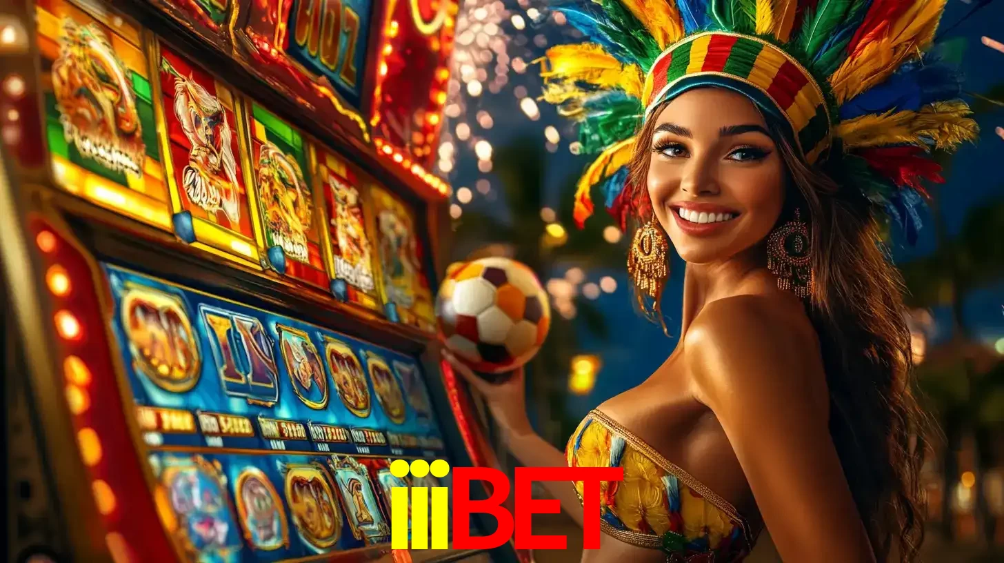 Mulher com um cocar de carnaval ao lado de uma máquina de caça-níqueis enquanto segura uma bola de futebol, mostrando a união da diversão de cassino e esportes no iiibet.
