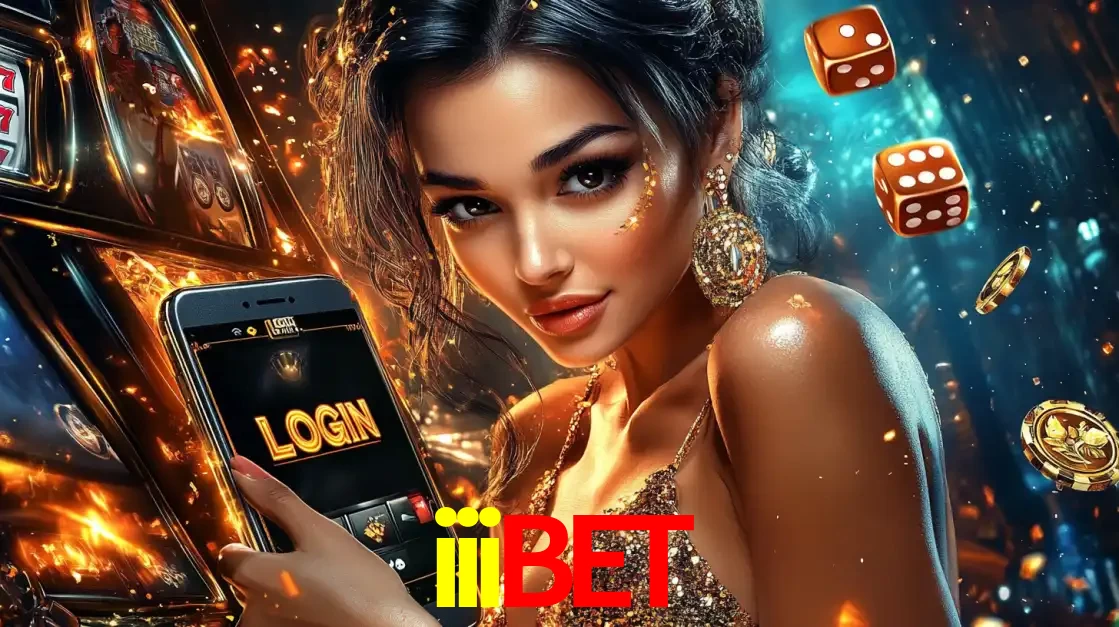 Mulher glamourosa segurando um celular com a tela de login do cassino iiibet, rodeada por dados e moedas douradas, pronta para começar a diversão.