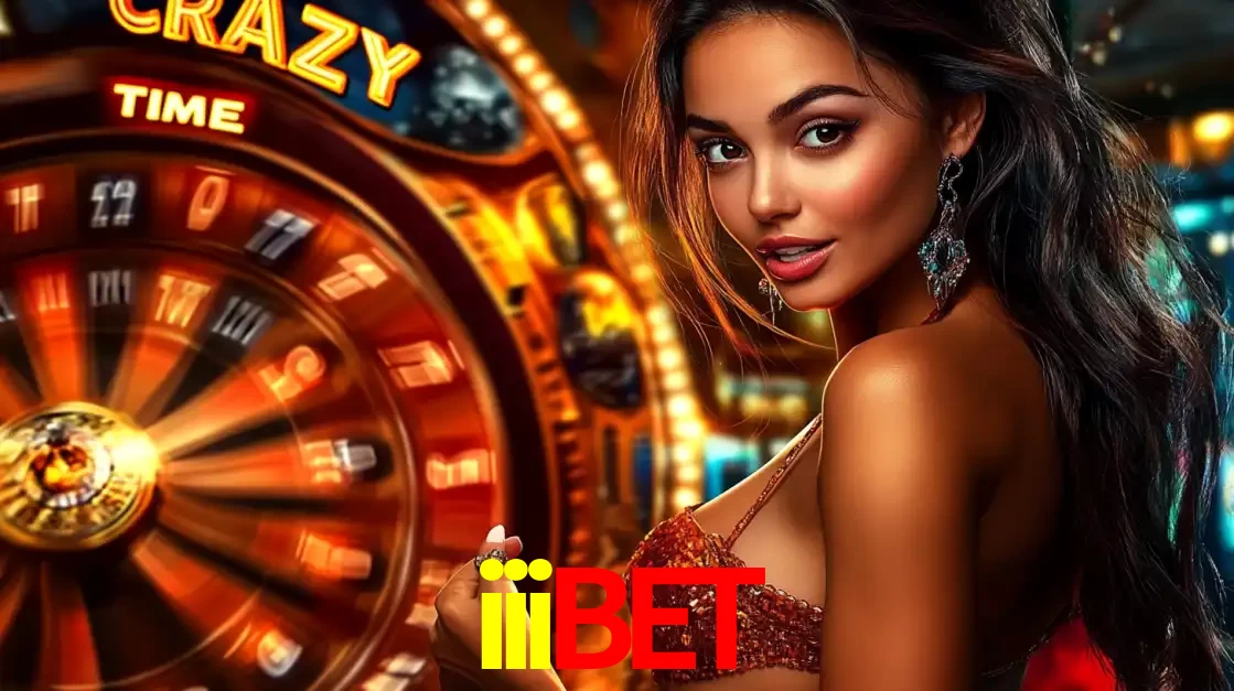 Mulher ao lado da roda de prêmios do jogo de cassino ao vivo Crazy Time, um dos shows de jogos mais emocionantes oferecidos pela plataforma de apostas iiibet.