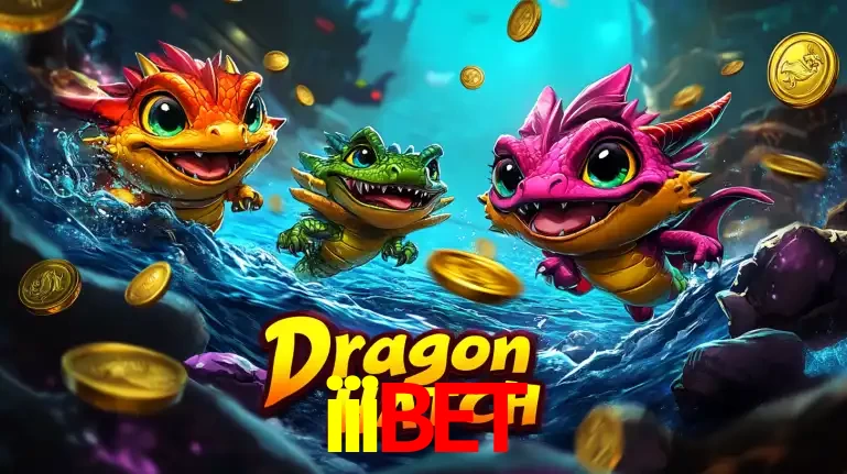 Arte promocional do jogo Dragon Hatch com três adoráveis dragões bebês nadando entre moedas de ouro, um dos slots mais divertidos para jogar no cassino iiibet.