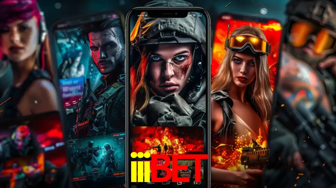 Montagem de telas de celular mostrando diversos personagens, masculinos e femininos, de um jogo de tiro, ilustrando a diversidade de equipes de e-sports para apostar no iiibet.