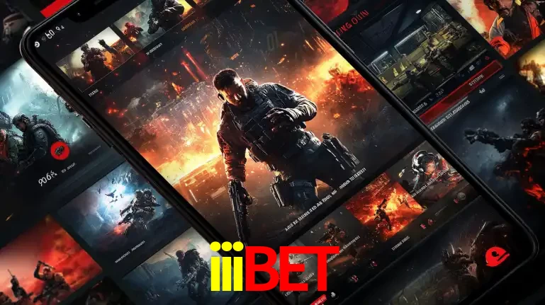 Tela de um celular exibindo uma galeria de jogos de tiro com temática militar, mostrando a variedade de e-sports disponíveis para apostas na plataforma de entretenimento iiibet.
