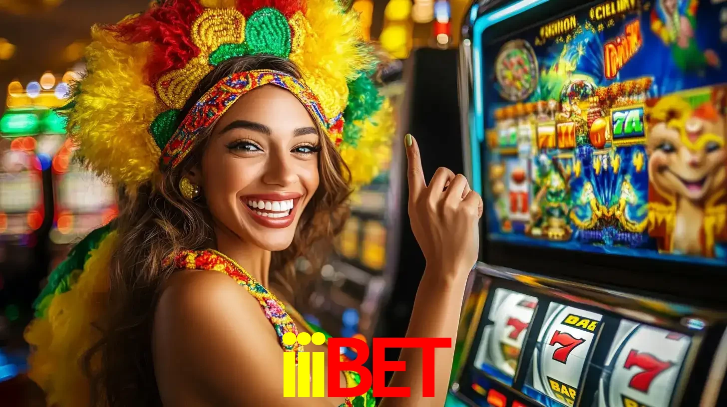 Mulher animada com um cocar de carnaval apontando para uma máquina de caça-níqueis, mostrando a emoção de ganhar um grande prêmio nos jogos do iiibet.