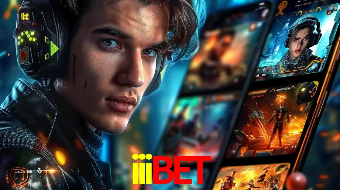 Jovem jogador com fones de ouvido olhando para a câmera, com um aplicativo de jogos e e-sports para celular ao fundo, pronto para a competição e apostas no iiibet.
