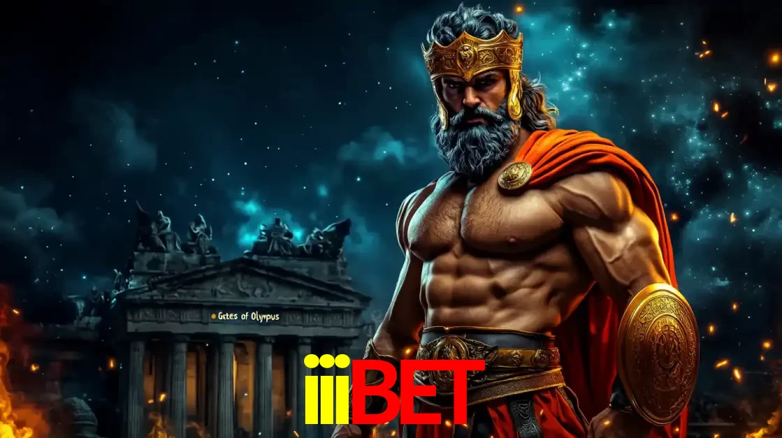 O poderoso Zeus do jogo de slot Gates of Olympus em frente ao seu templo, pronto para lançar multiplicadores divinos e prêmios épicos no cassino online iiibet.