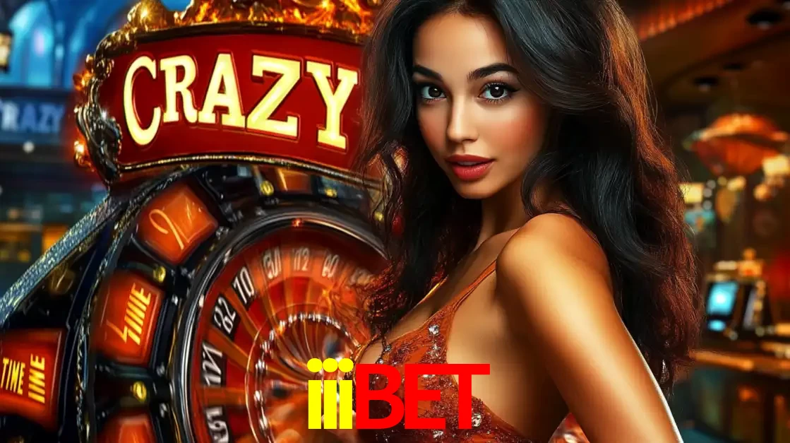 Mulher glamourosa olhando para a câmera com a roda vermelha do Crazy Time ao fundo em um ambiente de cassino, destacando a emoção dos jogos ao vivo no iiibet.