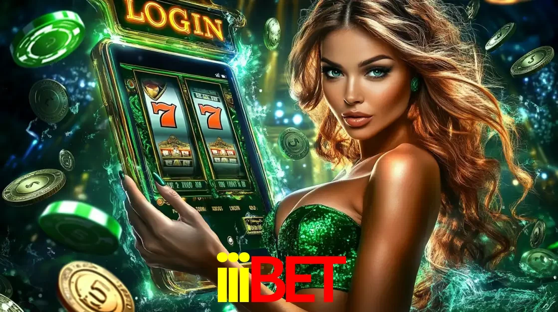 Mulher com tema verde apresentando o aplicativo do cassino iiibet com um jogo de slot de 777, cercada por fichas de cassino e uma aura de sorte.