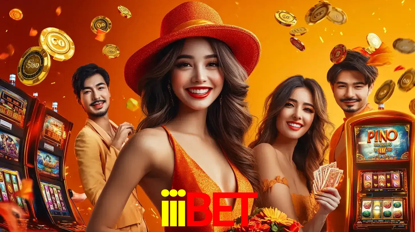 Grupo de amigos asiáticos sorrindo e se divertindo com máquinas de caça-níqueis em um ambiente festivo, celebrando suas vitórias nos jogos de cassino do iiibet.