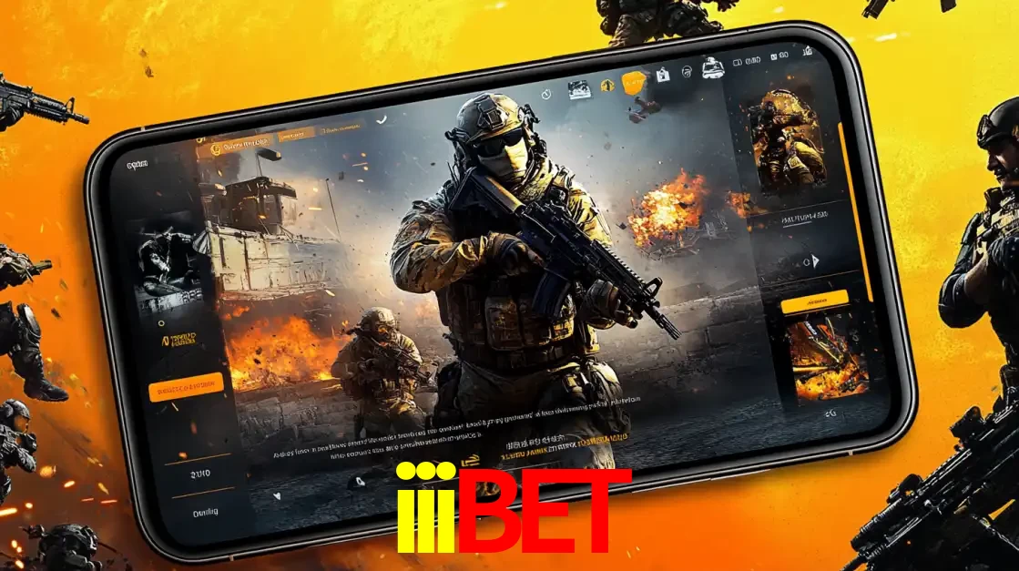 Um smartphone exibindo a interface de um jogo de tiro em primeira pessoa, com um soldado em um cenário de batalha, representando a ação dos e-sports para apostar no iiibet.