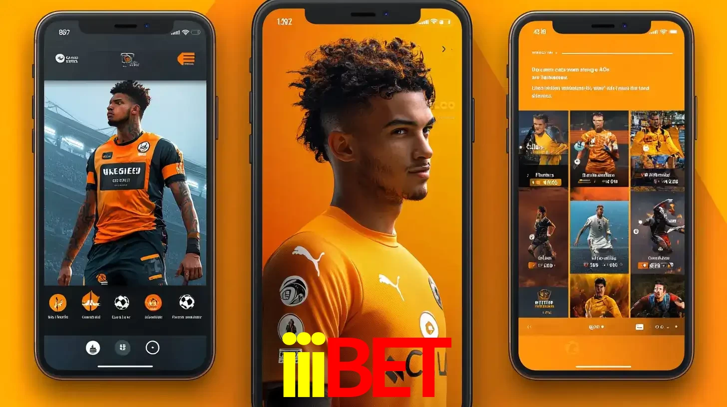 Interface do aplicativo de apostas esportivas iiibet em três telas de celular, mostrando o perfil de um jogador de futebol e a lista de jogos disponíveis para apostar.