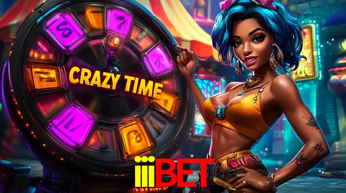 Mulher estilizada com cabelo azul e visual vibrante posando ao lado da roda de prêmios do game show Crazy Time, convidando para a diversão e os bônus do cassino iiibet.