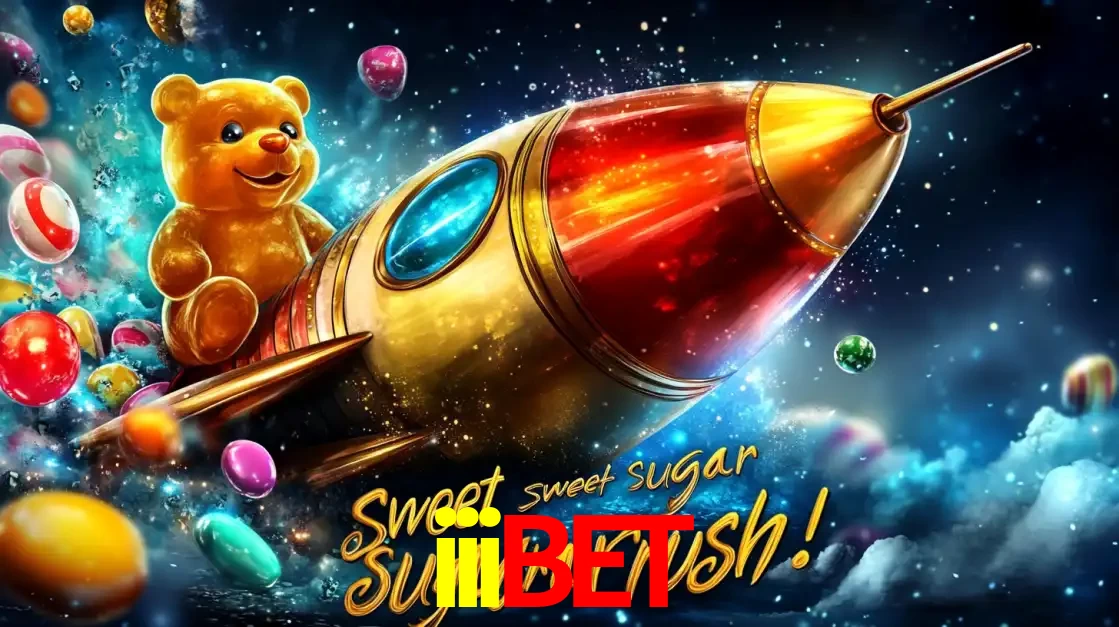Arte promocional do jogo de slot Sugar Rush, com um urso de pelúcia em um foguete viajando pelo espaço de doces, um dos jogos divertidos disponíveis no cassino iiibet.