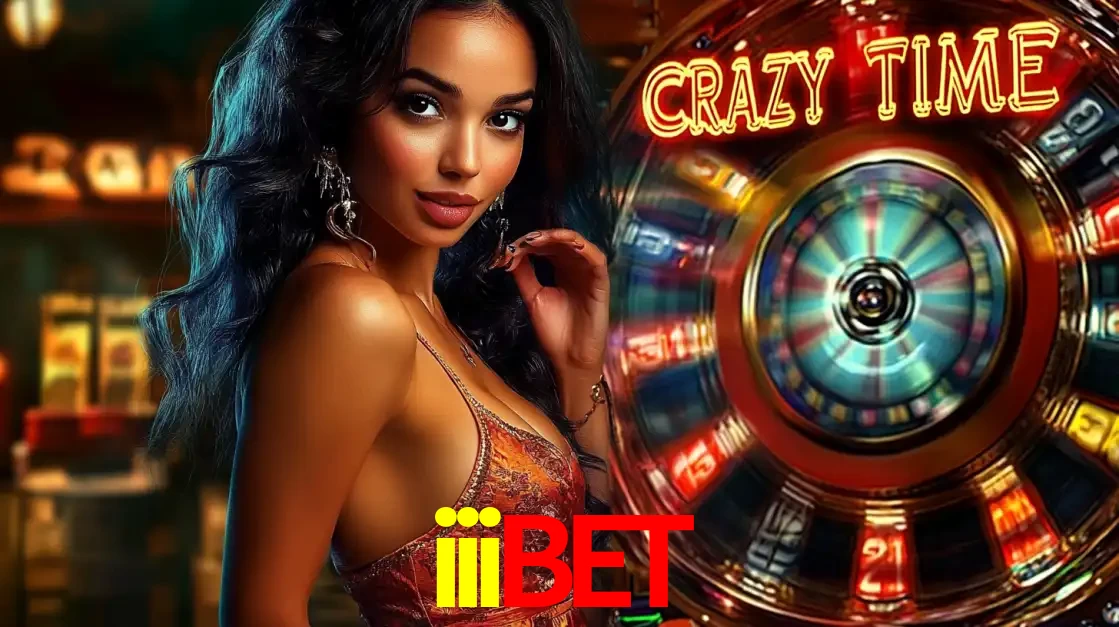 Mulher elegante ao lado da vibrante roda da fortuna do jogo de cassino ao vivo Crazy Time, um dos game shows mais populares e cheios de prêmios do iiibet.