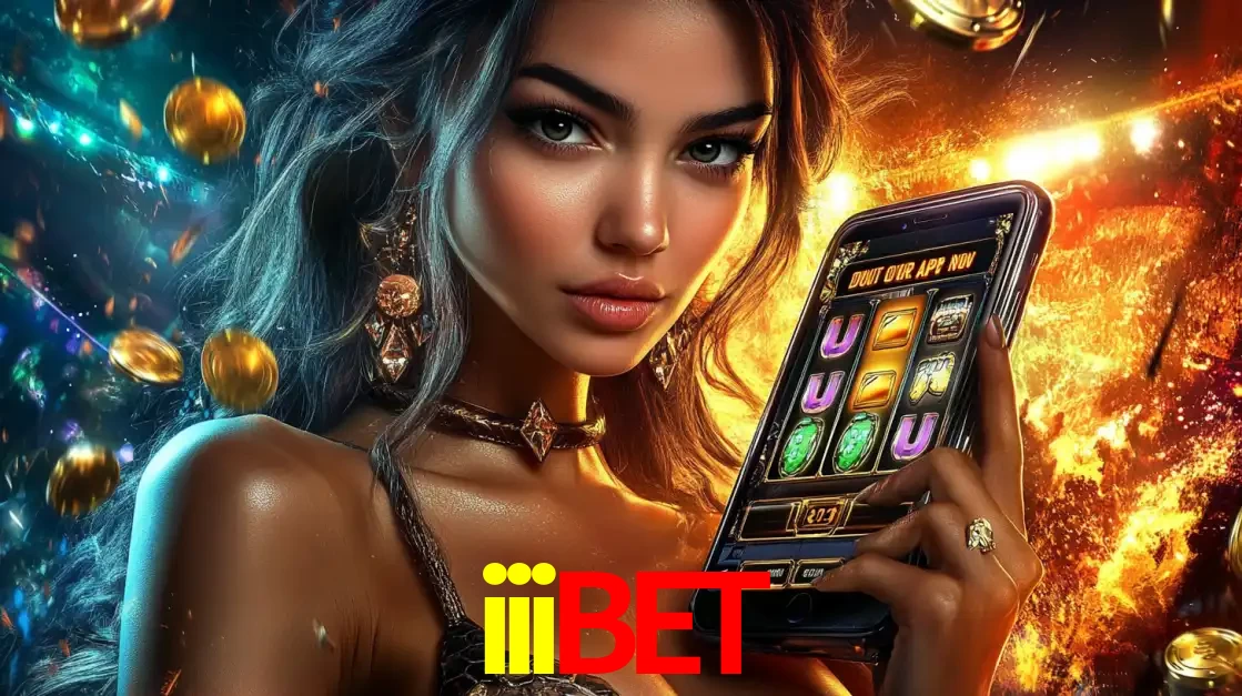 Mulher elegante mostrando um jogo de caça-níqueis em seu smartphone, destacando a experiência de cassino móvel oferecida pelo aplicativo iiibet.
