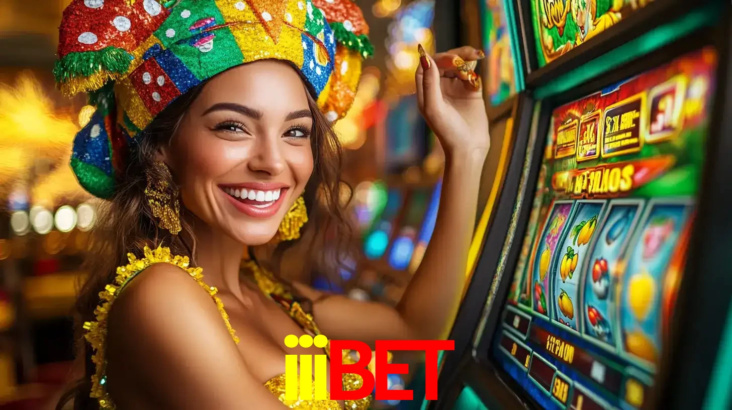 Mulher feliz com traje de carnaval amarelo e colorido ao lado de uma máquina de caça-níqueis, aproveitando a diversão e os jogos temáticos do cassino iiibet.