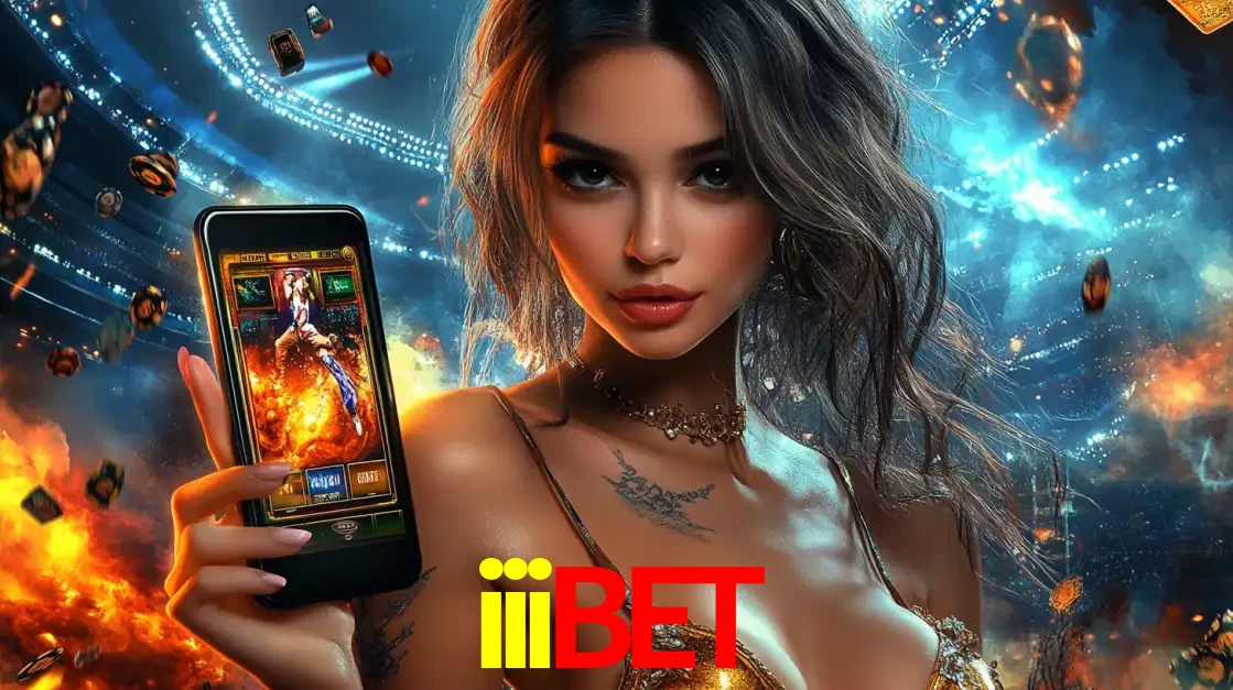 Mulher segurando um celular com um jogo de slot em destaque, tendo como fundo um estádio vibrante, simbolizando a emoção de jogar no cassino móvel iiibet.