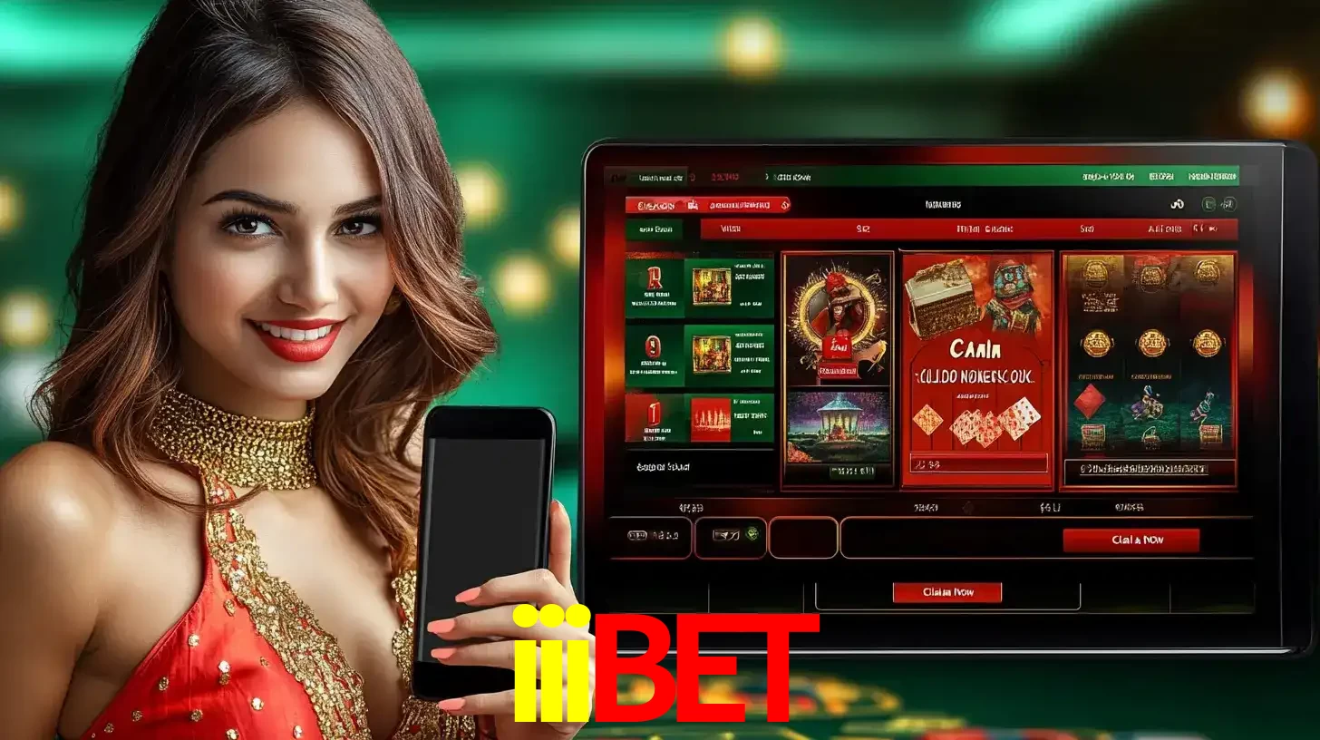 Mulher sorridente segurando um smartphone, ao lado de uma tela exibindo o lobby de jogos do cassino online iiibet, com várias opções de jogos de cartas e slots.
